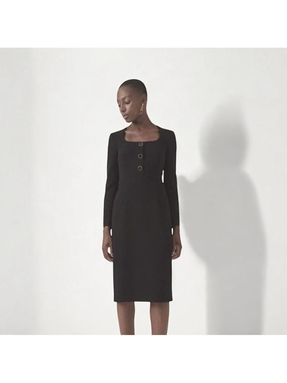Judith and Charles Black Button Detail U Neck Sheath Midi Dress Size 4